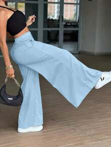 Pantalones anchos y sueltos de unicolor y casual para mujer, elegantes y minimalistas, de color negro para la primavera - Azul cielo - Ver 6