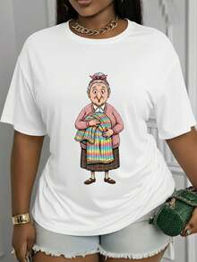 Women's T-Shirt With Cartoon Granny Rainbow Blanket Pattern, Short Sleeve T-Shirt, Round Neck, Soft And Gluten-Free, Casual Design, Cool And Breathable, Eye-Catching Personality, Fashionable Cool Style Blouse Suitable For Casual Daily Wear, Comfortable And Lazy - 白色 - 查看 1