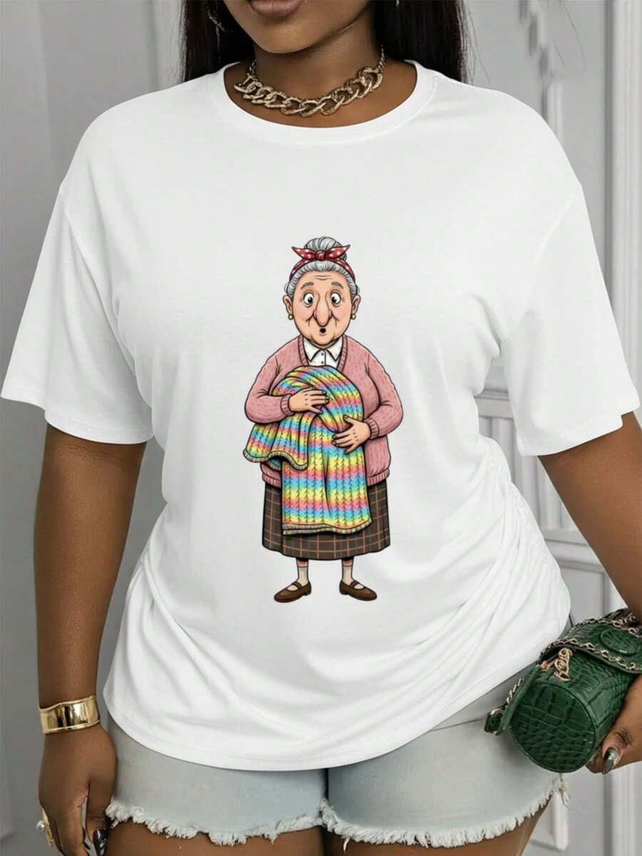 Women's T-Shirt With Cartoon Granny Rainbow Blanket Pattern, Short Sleeve T-Shirt, Round Neck, Soft And Gluten-Free, Casual Design, Cool And Breathable, Eye-Catching Personality, Fashionable Cool Style Blouse Suitable For Casual Daily Wear, Comfortable And Lazy - 白色 - 查看 1