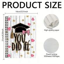 100-Page Spiral Notebook With Graduation Cap & Bow Design, Ideal For Work, Study, Journaling, And Daily Planning. Thoughtful Birthday Gift With Ceremony Vibe! - E - View 2