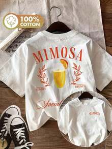 [Double Side Print] Women's Casual Summer Top, Vintage Leaf Print, MIMOSA SAY BRUNCH Social, Pure Cotton Printed Crew Neck Short Sleeve T-Shirt [LingK] Spring Outfit, Cotton T-Shirt - 白色 - 查看 7