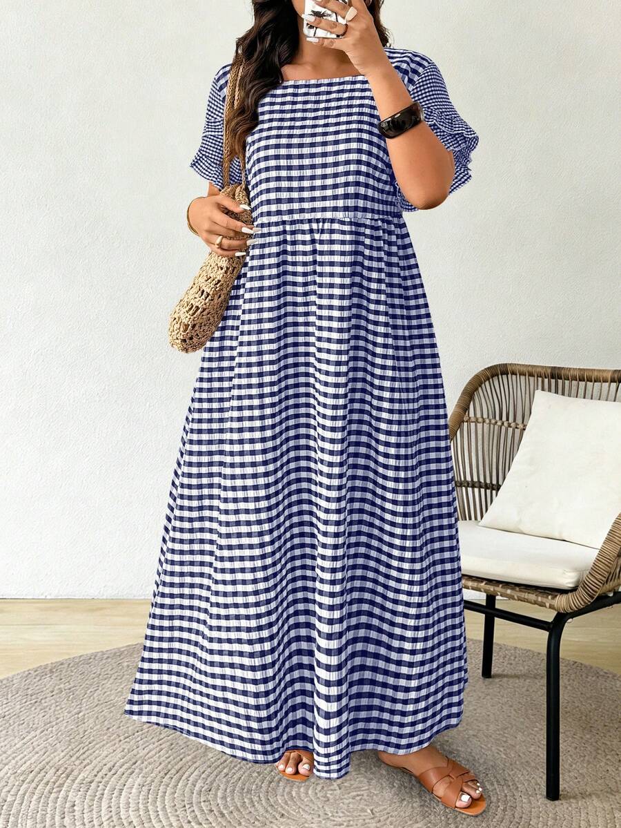 Plus Size Women's Square Neck Short Sleeve Ruffle Plaid Dress, Suitable For Casual Summer Vacation Wear - Multicolor - View 1