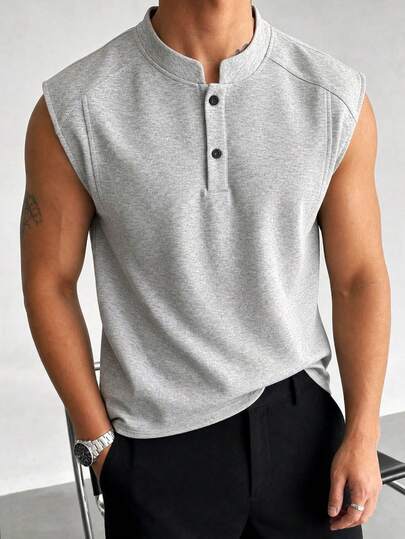 1 st Blueprint Herr Henley Neck Ärmlös Linne, Linnegrå, Andningsbart Mjukt Stickat Tyg, Skrynkelbeständig, Slitstark, Avslappnad Mogen Stil För Vardagsbruk, Pendling