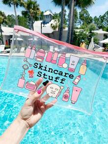 "Skincare Stuff" 字母印花 PVC 化妝包，PVC 旅行收納包附拉鍊，輕量耐褪色女款女孩化妝盥洗包，TSA 認證便攜式化妝盒，易清潔設計化妝包，適合送給母親、老師、朋友、護士、女性朋友的禮物，旅行必備，學校假期，返校用品，盥洗包，防水化妝包 - 彩色 - 查看 1