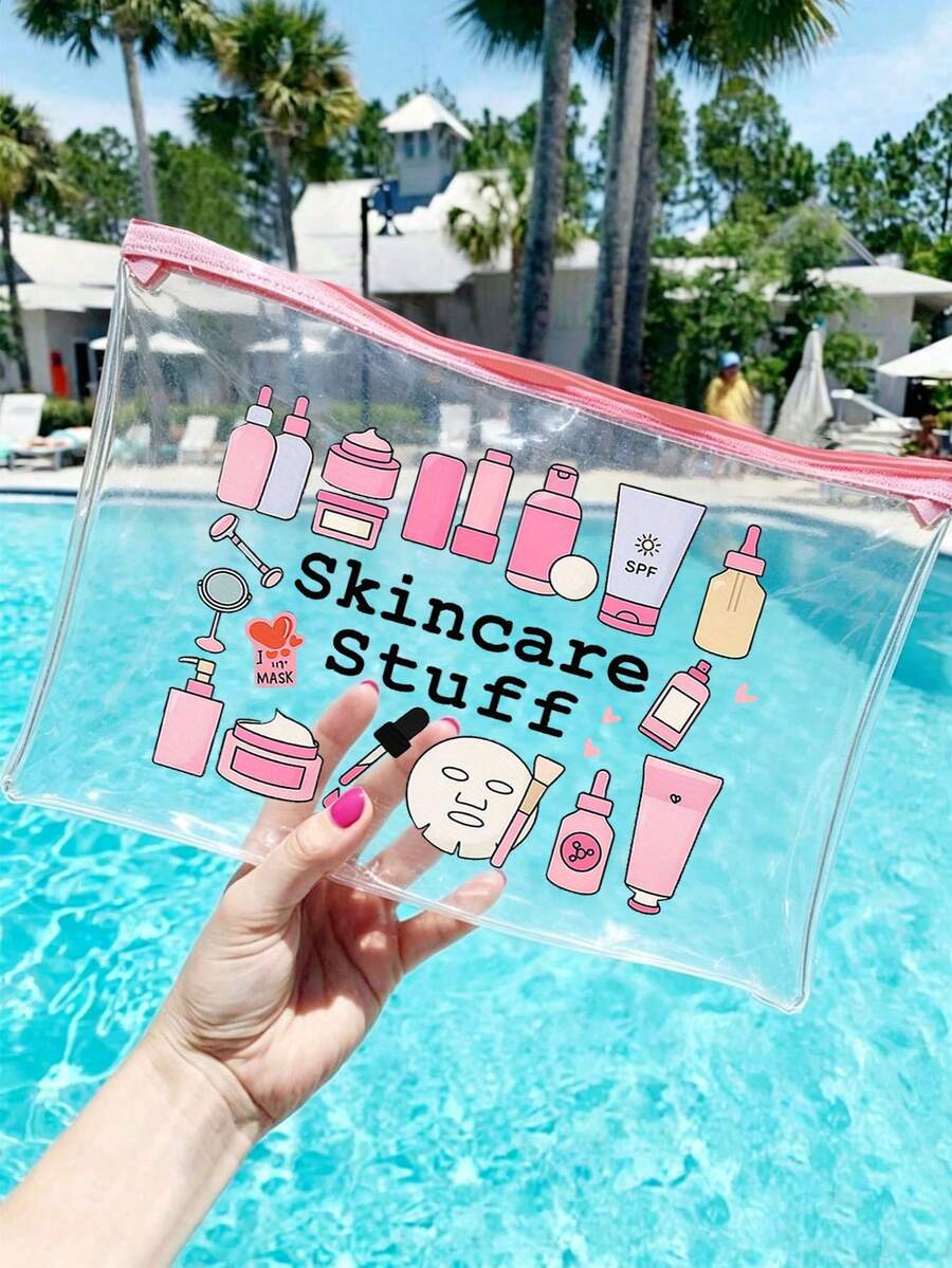 "Skincare Stuff" 字母印花 PVC 化妝包,PVC 旅行收納包附拉鍊,輕量耐褪色女款女孩化妝盥洗包,TSA 認證便攜式化妝盒,易清潔設計化妝包,適合送給母親、老師、朋友、護士、女性朋友的禮物,旅行必備,學校假期,返校用品,盥洗包,防水化妝包 - 彩色 - 查看 1