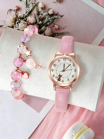 2pcs/Set Cute Cat Watch + Bracelet Set, Fashion Casual Quartz Watch Jewelry Combo, Ideal Gift For Valentine's Day And Graduation Season For Girls