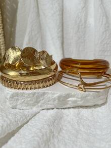 6pcs Vintage Geometric Pattern Open Bangle Bracelet Set, Simple Fashionable Accessory Gift For Women, Suitable For Summer, Dates, Parties, Casual Wear - Style 1 - View 2