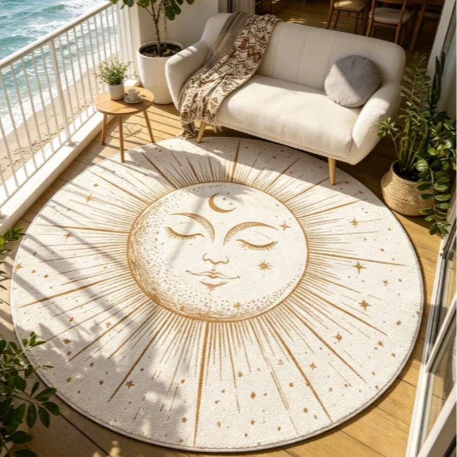 1 pieza Alfombra redonda con estampado de sol y luna en estilo bohemio, de textura de terciopelo de lujo. Alfombra de baño, alfombra de baño, felpudo, alfombra pequeña, alfombra, alfombra de piso, decoración del hogar, alfombra de área, alfombra de exterior, decoración del hogar, alfombra de área, alfombra de dormitorio, alfombra lavable - Multicolor - Ver 1