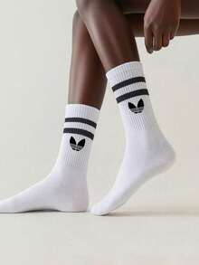 1/5 双装男女通用白色条纹中筒袜，休闲简约，适合日常穿着，四季皆宜 - 白色 - 查看 6