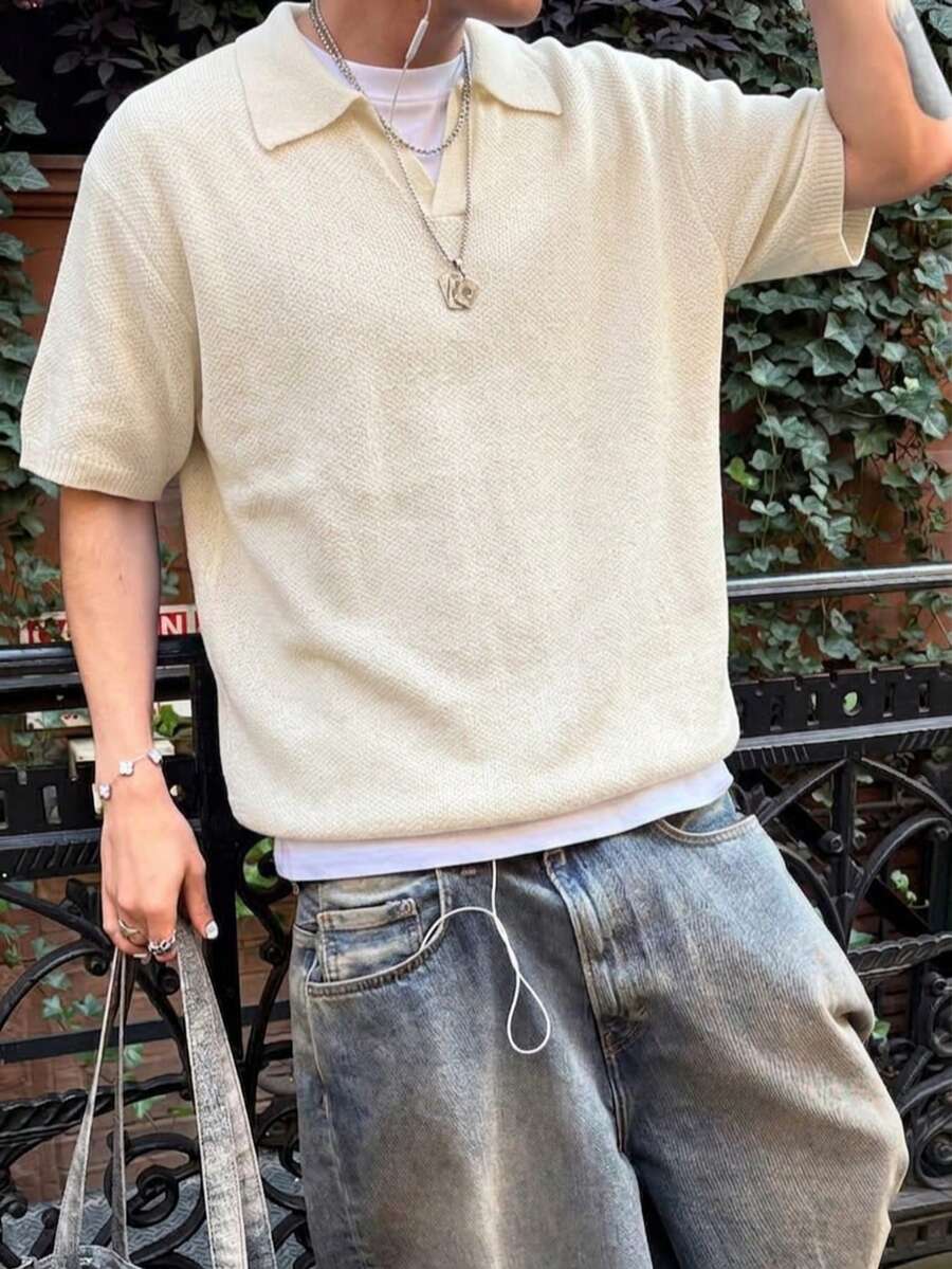 Áo len cổ lọ polo cổ chữ V dáng dài unisex phong cách tối giản xuân/hè của ANDREILEE, màu mơ nhạt. - Màu be - Xem 1