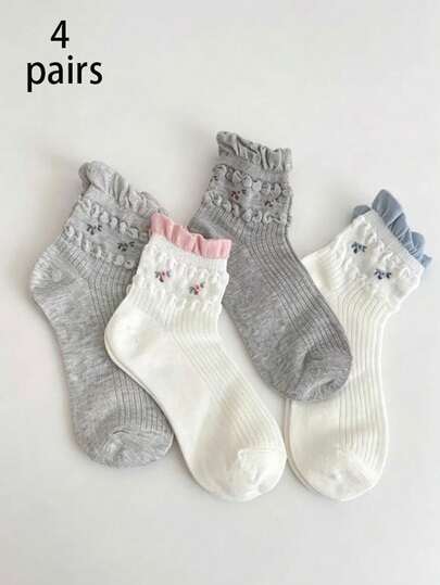 4Pairs Sweet Frilled Cuff Floral Embroidery Socks Women Vintage Vertical Striped Breathable Mid Tube Socks Daily Casual Girls Dress Socks