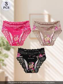 QUASTI Juego de 3 bragas de encaje floral para mujer, ropa interior suave, elástica y transpirable, lencería cómoda de cintura media para uso diario, trabajo y viajes - Multicolor - Ver 6