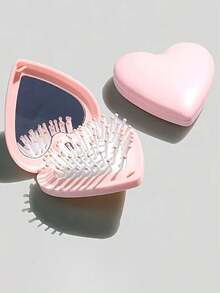 1pc Portable Pink Heart-Shaped Folding Comb With Mirror - No Battery Needed, Cartoon Design, Cute Valentine's Day/Birthday Gift, Dual Use For Home & Outdoor, Personal Beauty Tool, Durable Plastic Material, Sturdy Structure, Essential For Makeup Lovers, Suitable For Friends, Girlfriends, Couples, Family, Mother's Day, Valentine's Day, Thanksgiving, Christmas Hair Styling Tool Kit - Multicolor - View 1