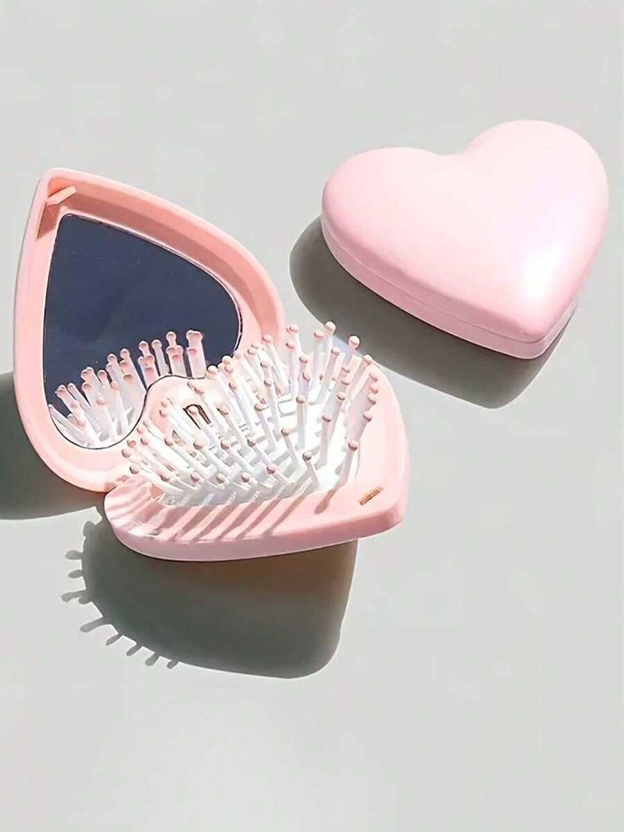 1pc Portable Pink Heart-Shaped Folding Comb With Mirror - No Battery Needed, Cartoon Design, Cute Valentine's Day/Birthday Gift, Dual Use For Home & Outdoor, Personal Beauty Tool, Durable Plastic Material, Sturdy Structure, Essential For Makeup Lovers, Suitable For Friends, Girlfriends, Couples, Family, Mother's Day, Valentine's Day, Thanksgiving, Christmas Hair Styling Tool Kit - Multicolor - View 1