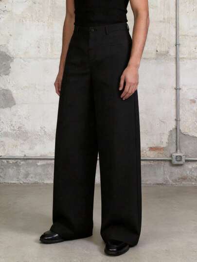 Korean Minimalist High-End Black 3D Cut Wide-Leg Trousers