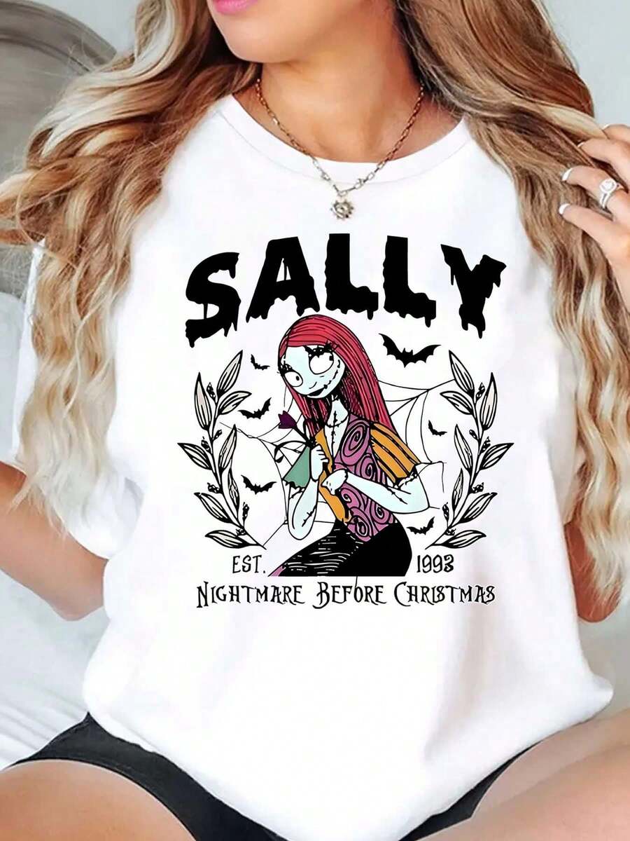 Sally Nightmare Before Christmas Character Print Disney Women T Shirt Round Neck Short Sleeve Casual Wear Halloween Costume Soft Comfortable 220g - White - View 1