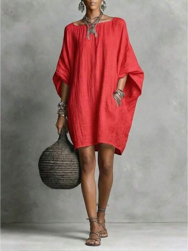 Vestido mini con mangas de murciélago con aspecto de lino para mujer, ajuste holgado casual con bolsillos