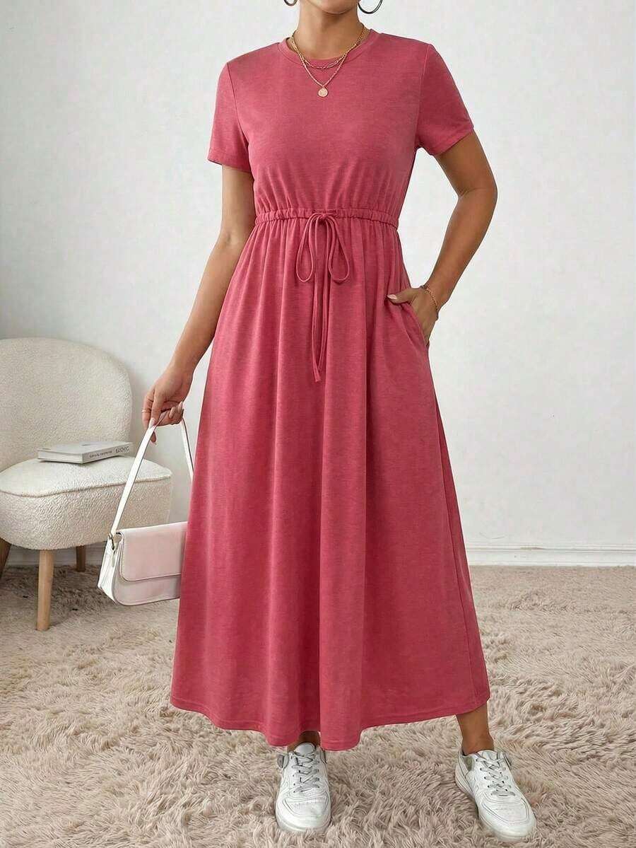 Vestido midi con cordón en la cintura, bolsillo lateral, ropa de regreso a la escuela, ropa de mujer para otoño, atuendos de maestra, vestido de despedida de soltera, vestidos casuales de mujer, vestidos midi de mujer, vestidos de trabajo de mujer, vestidos de otoño para mujer, vestidos maxi de mujer, disfraz de Halloween, vestido casual de negocios, vestidos de verano para mujer - Rojo - Ver 1