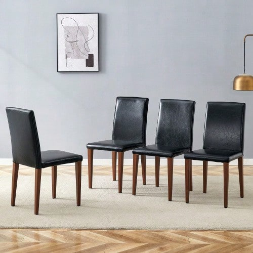 [Set Of 4 Minimalist Dining Chairs] European Lightweight Luxury In Black And Walnut Finish: Black PU Leather + Deep Walnut-Effect Metal Legs. Fits Perfectly In Modern Dining Rooms.