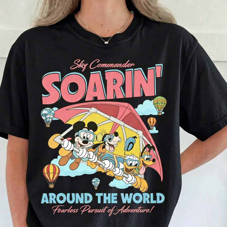 Disney Women's And Men's T-Shirts Vintage Global Soaring Character Oversized T-Shirts, 100% Cotton Retro Short-Sleeved Casual Shirts, And Graphic Printing T-Shirts For Wonderful Disneyland Travel Outfits - 黑色 - 查看 1