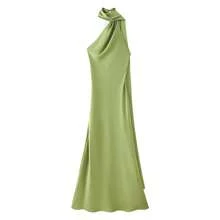 Vestido largo elegante de satén de seda suave para mujer, vestido largo sin mangas con cuello Halter y espalda descubierta, vestidos de con cinta larga para verano - Verde - Ver 1