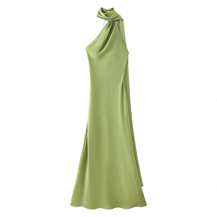 Vestido largo elegante de satén de seda suave para mujer, vestido largo sin mangas con cuello Halter y espalda descubierta, vestidos de con cinta larga para verano - Verde - Ver 1