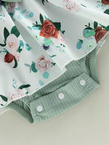 Mono de bebé niña para primavera y otoño, con estampado floral acanalado, volantes y manga larga, además de diadema con lazo. - tinta verde - Ver 10