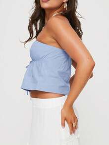 Women Drawstring Tube Tops Solid Color Summer Strapless Cropped Bandeau Backless Shirts For Streetwear - Sky Blue - View 4