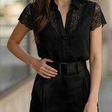 Fashion Women's Clothing  Blusa elegante de mujer con parches de encaje y manga corta abotonada - Negro01 - Ver 4
