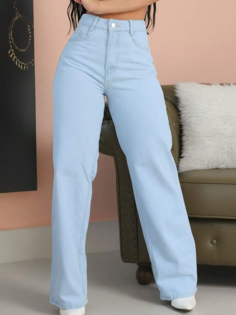 Calça Jeans Feminina Wide Leg Pantalona Cintura Alta Sem Lycra Boca ...