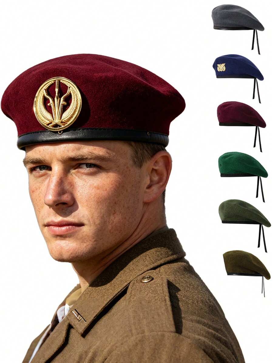 1pc British Style Military Beret, Wool Stiff Shaping Design, Unisex Versatile Warm Casual Wear For Holidays And Daily Use - Beret - View 1