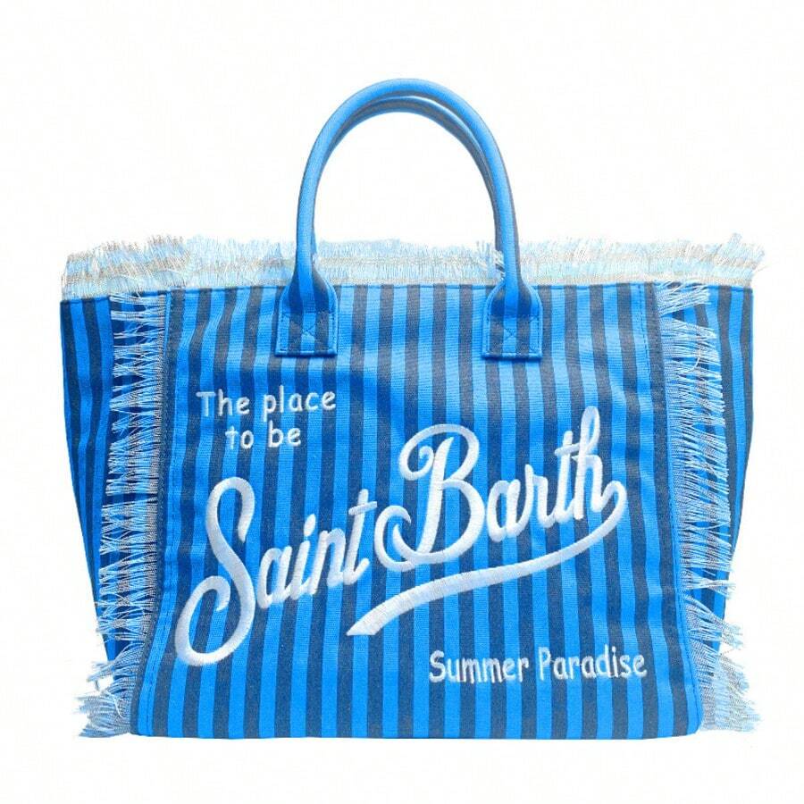 Canvas-Strandtasche Mit Quasten, Große Kapazität, Reise- Und Stadttasche - S-shaped Blue - View 1