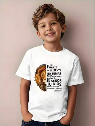 Camiseta de manga corta con león y versículo bíblico inspirador| Camiseta de Cuello Redondo "Sé Fuerte Y Valiente", Informal de Verano, Ajuste Cómodo para Uso Diario y Actividades Religiosas
