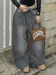 Retro High Street Washed Gray Denim Jeans, Women's Fashion Design Straight Loose Casual Wide Leg Pants, New Autumn Collection - Grey - View 4