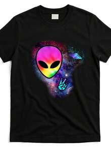 Alien Spaceship T-Shirt - Peace_aps3056195-At_black_product_image Men's Quick-Drying Sports T-Shirt, Casual Short Sleeve, Ideal For Gym Training, Running, Outdoor Fitness And Streetwear Style - 黑色 - 查看 1