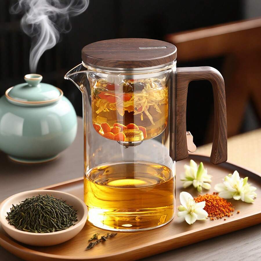 Enchanti Magic Tea Pot 720ml, Water Separation Glass Teapot With Wooden Handle, Press Control Tea Infuser With Strainer For Loose Leaf Tea, Witchcraft Style Glass Kettle For Home Office Tea Ceremony, Gift For Tea Lovers, Housewarming Gift - Brown - View 1