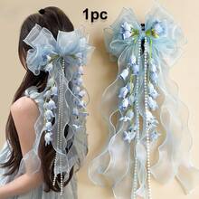 1pc AYLHFO Spring/Summer New Bridal Artificial Flower Mesh Long Ribbon Bow Hair Clip, Women's Fashion Bohemian Style Exaggerated Large Long Ribbon Tulip Bow Hair Clip, Bridal Wedding Hair Accessory, Suitable For Daily And Wedding Party Wear - màu xanh da trời - Xem 1