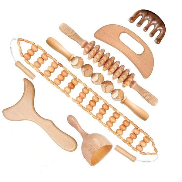 1pc/6pcs/7pcs Wooden Massage Tool Set, Suitable For School, Travel, Travel Essentials, Home Essentials, Designed For Body Relaxation, Including Shoulder, Neck, Abdomen, Leg And Back Areas, Great For Relaxation After Exercise Or Daily Activities, Reusable Manual