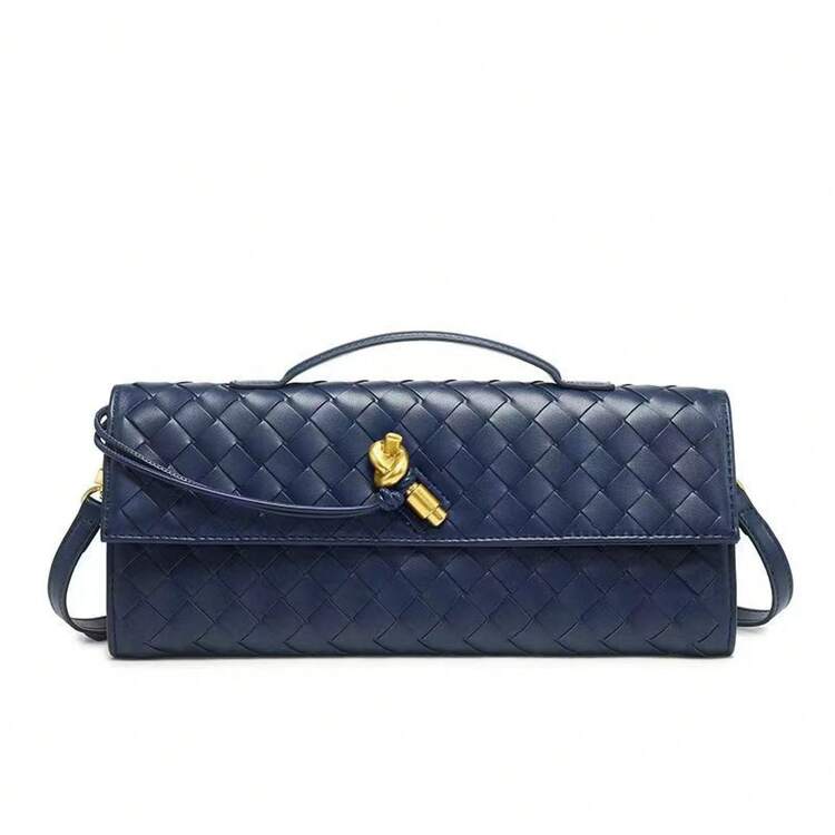 Bolso de cuero genuino tejido a mano para mujer BV Bottega Bang Bang de Andiamo Clutch Campana. Popular bolso tejido a mano con cierre de cuero suave, bolso de noche, bolso baguette vintage, bolso de mano cruzado con cierre largo. - Azul profundo - Añade 3