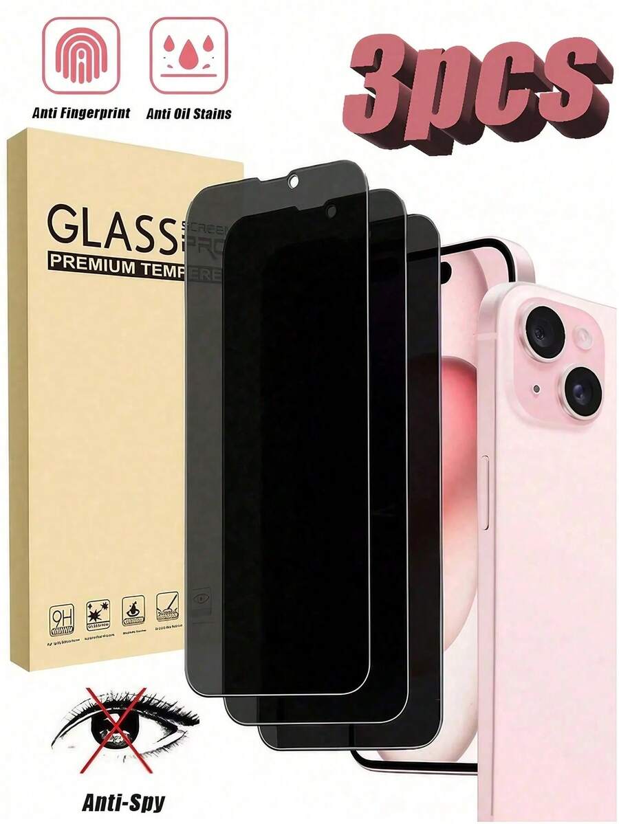 BOLLYMORE 3pcs Tempered Glass Privacy Screen Protector, Made Of Tempered Glass Material, High Hardness Anti-Scratch, Anti-Shatter, Clear Imaging, Perfect Fit For Phone Cases, Compatible With IPhone 17E/17 Pro Max/17 Pro/17 Air/17/16 Pro Max/16 Pro/16 Plus/16/15 Pro Max/15 Pro/15 Plus/15/14/13/12 And Other Models