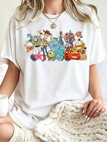 Breathable Cotton Fan Tee | Toy Story, Nemo, Monsters Inc. & More Character Collage Print | Nostalgic Disney Pullover Shirt - White - View 1