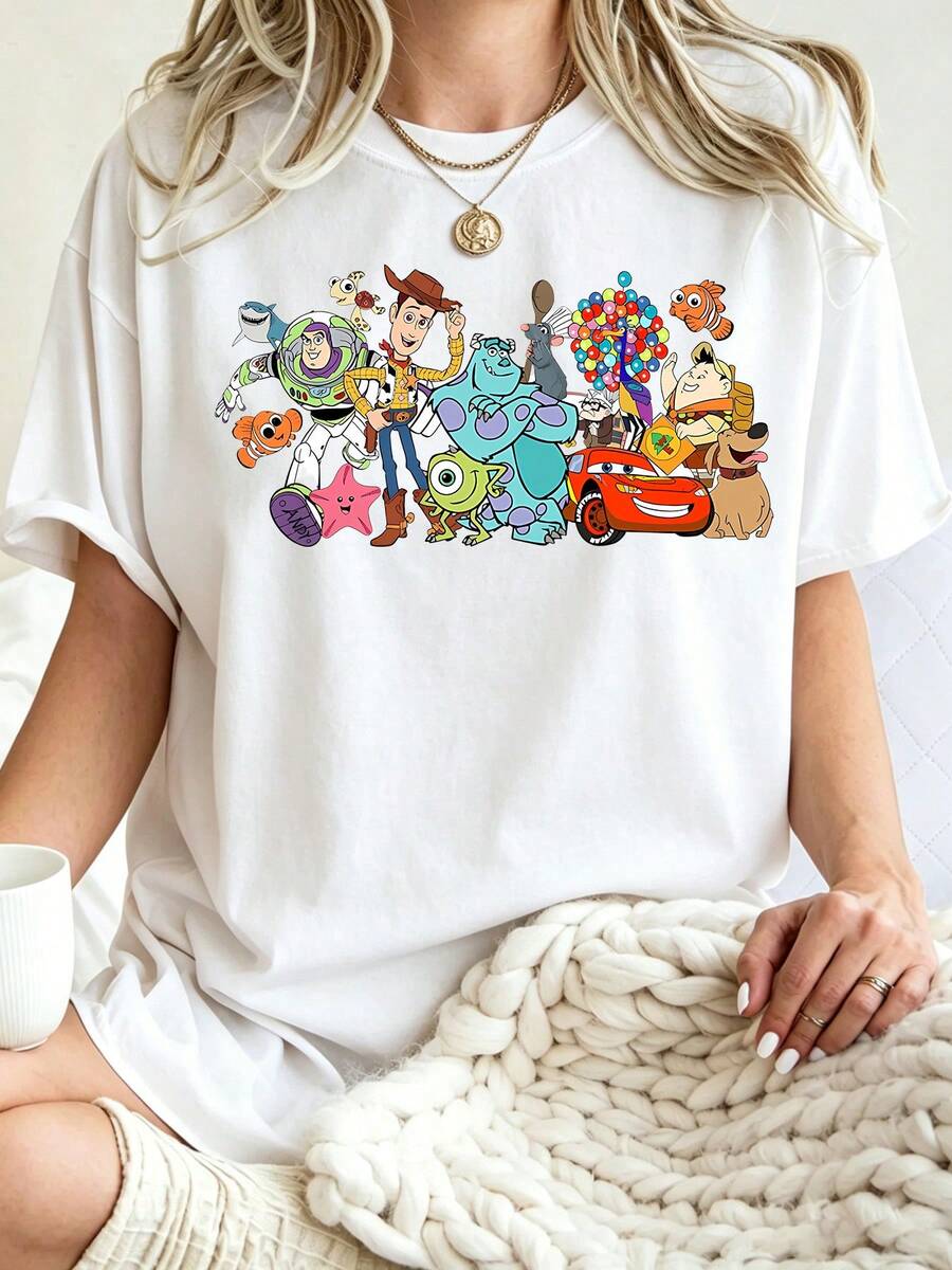 Breathable Cotton Fan Tee | Toy Story, Nemo, Monsters Inc. & More Character Collage Print | Nostalgic Disney Pullover Shirt - White - View 1