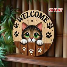 Placa de Metal Plana 2D - Alumínio, com Design Fofo de Gato, Diâmetro de 7,8 Polegadas. Esta peça de arte de parede em estilo rústico é perfeita para decorar sua casa, garagem, área de jantar ou café. - A - Visão 2