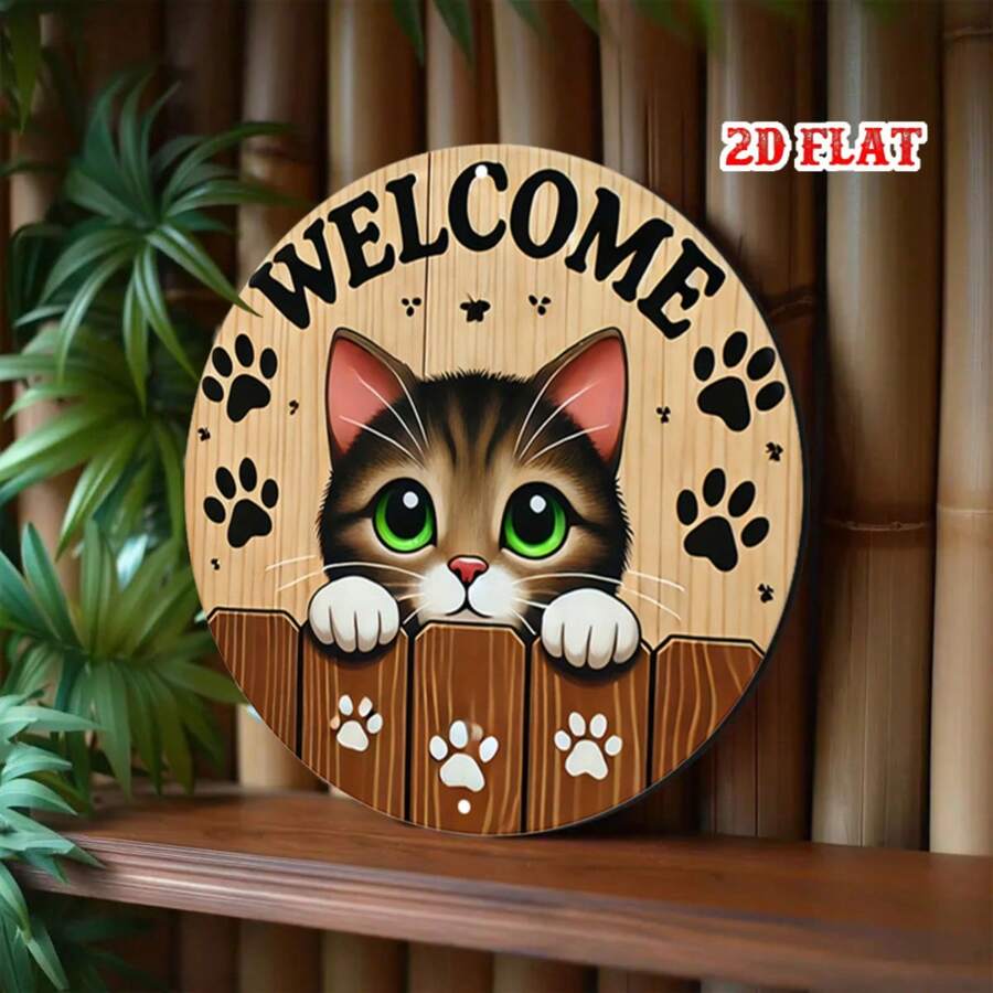 Placa de Metal Plana 2D - Alumínio, com Design Fofo de Gato, Diâmetro de 7,8 Polegadas. Esta peça de arte de parede em estilo rústico é perfeita para decorar sua casa, garagem, área de jantar ou café.