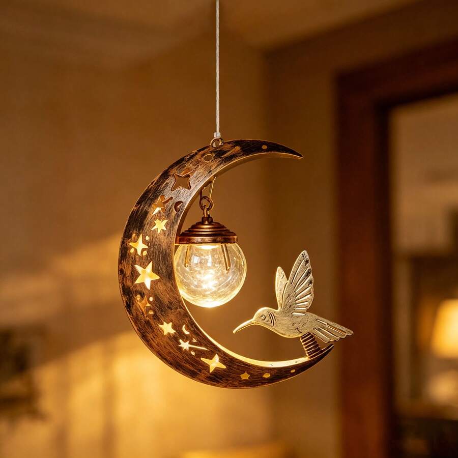 1pc Solar Powered Iron Hummingbird Hanging Lamp, Outdoor Patio Hollow Moon & Sun Decor Projection Light, Waterproof - 蜂鳥吊燈 - 查看 1