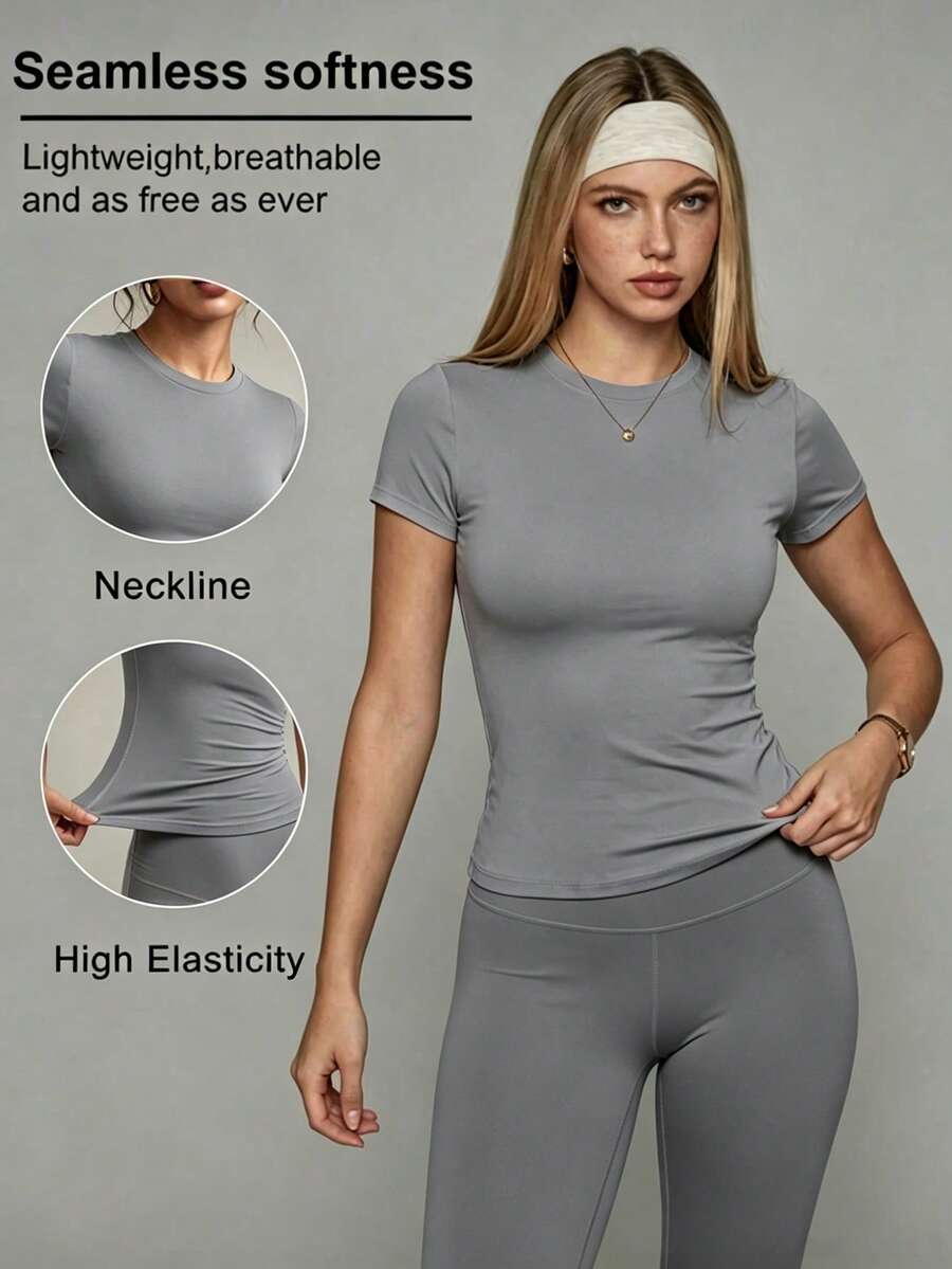 Camiseta deportiva de secado rápido para mujer, adecuada para entrenamiento, actividades al aire libre, fitness, correr, viajes, cómoda y ajustada - Gris - Ver 1