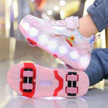 女款 LED 多閃快滑四季滾輪溜冰鞋，可拆卸輪子舒適時尚星星女孩印花運動休閒鞋 - 粉色 - 查看 7