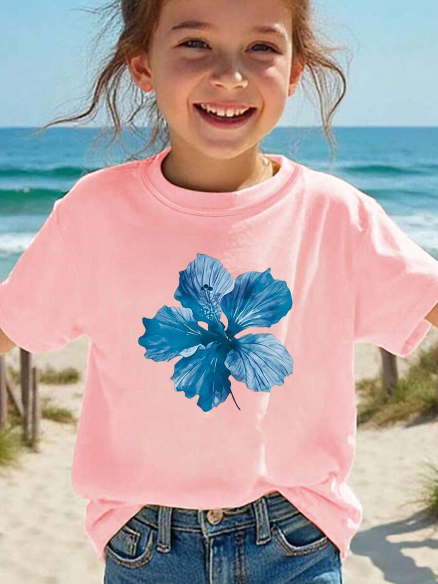 Blue Flower Print Design Printed T-Shirt For Children - 粉色 - 查看 1