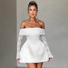 2026 Summer New European And American Cross-Border Women's Fashion Off-Shoulder Strapless Long-Sleeve Sexy Slim-Fit Lace A-Line Dress - 白色 - 查看 1