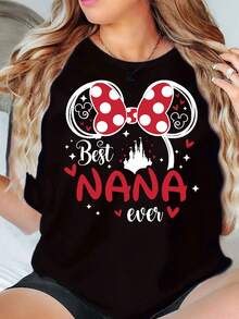 Minnie Mouse Bow And Castle Best Nana Ever Print Disney Women T Shirt Round Neck Short Sleeve For Family Outings Mother Day Soft Comfortable 220g - màu đen - Xem 1